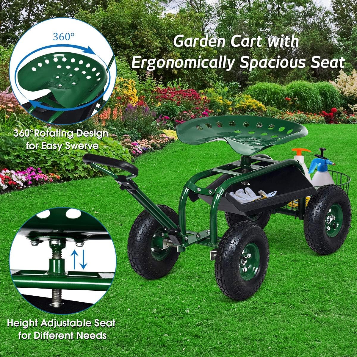 Garden Cart Rolling Seat Outdo - Gardening Tools Basket review and price
